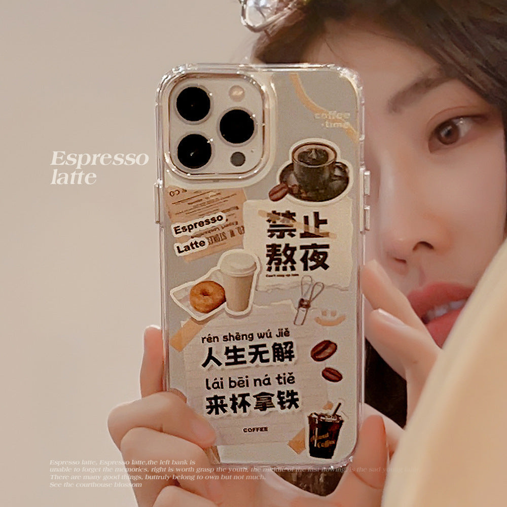 It is forbidden to stay up late at 17promax Apple phone case, suitable for iphone15 premium 16 all-inclusive 11 coffee mirror 12.