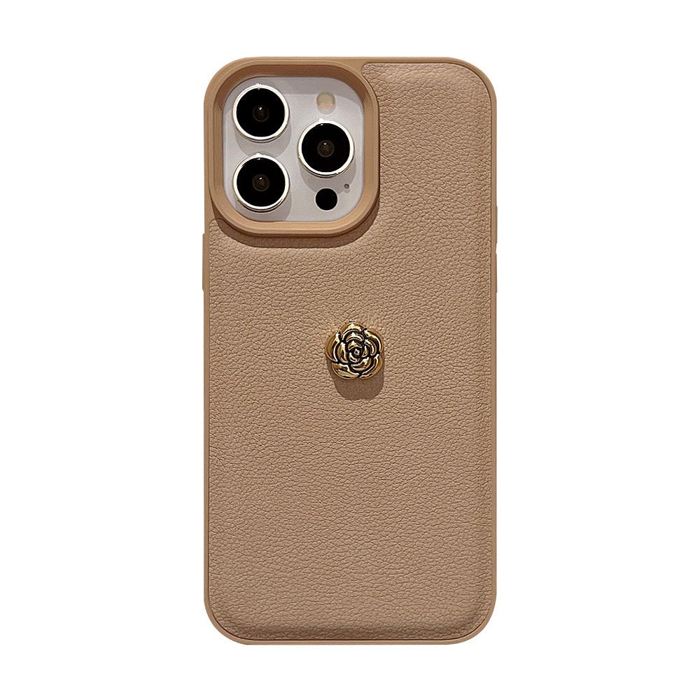 Light luxury camellia for Apple 16 mobile phone case iPhone17promax solid color lychee pattern 11 autumn and winter 13 hard