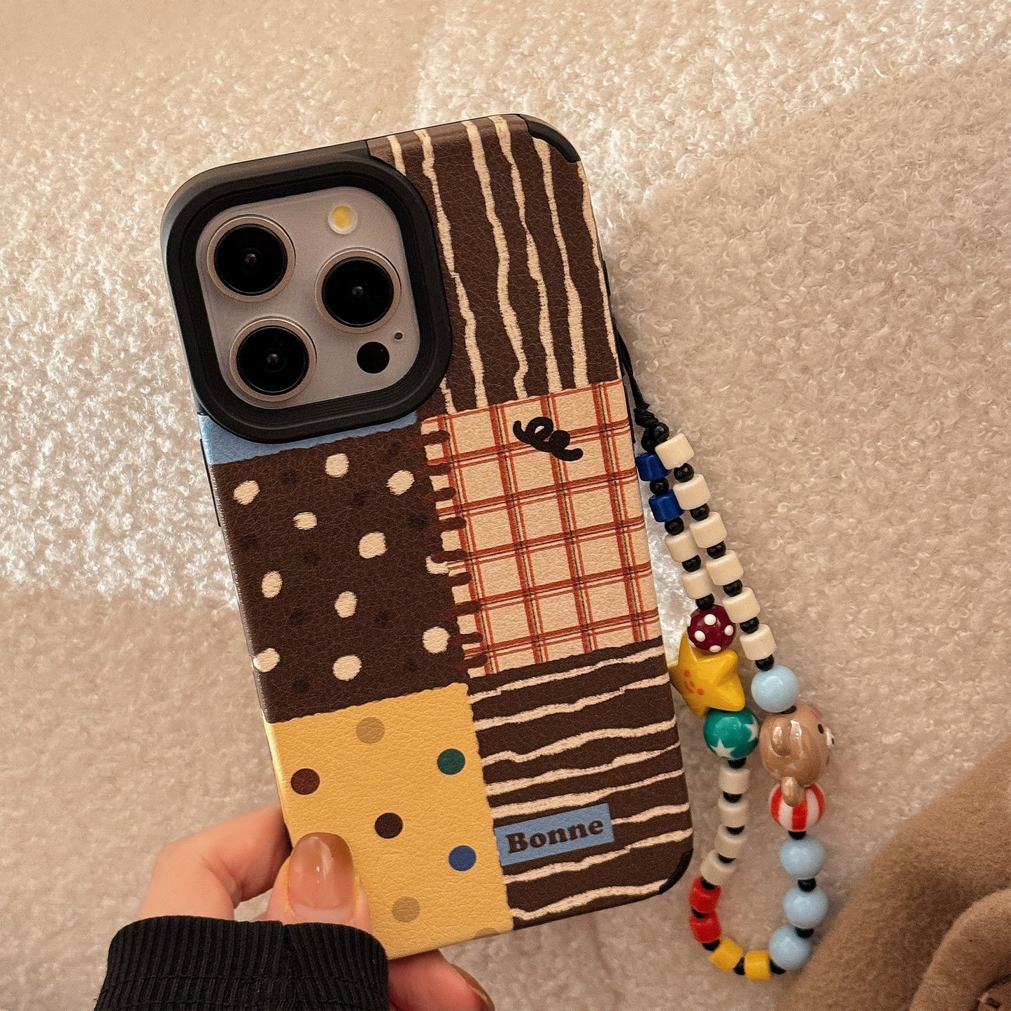 Retro ins polka dot splicing for iphone16 apple 17 mobile phone case 15pro max leather 14 lanyard 13