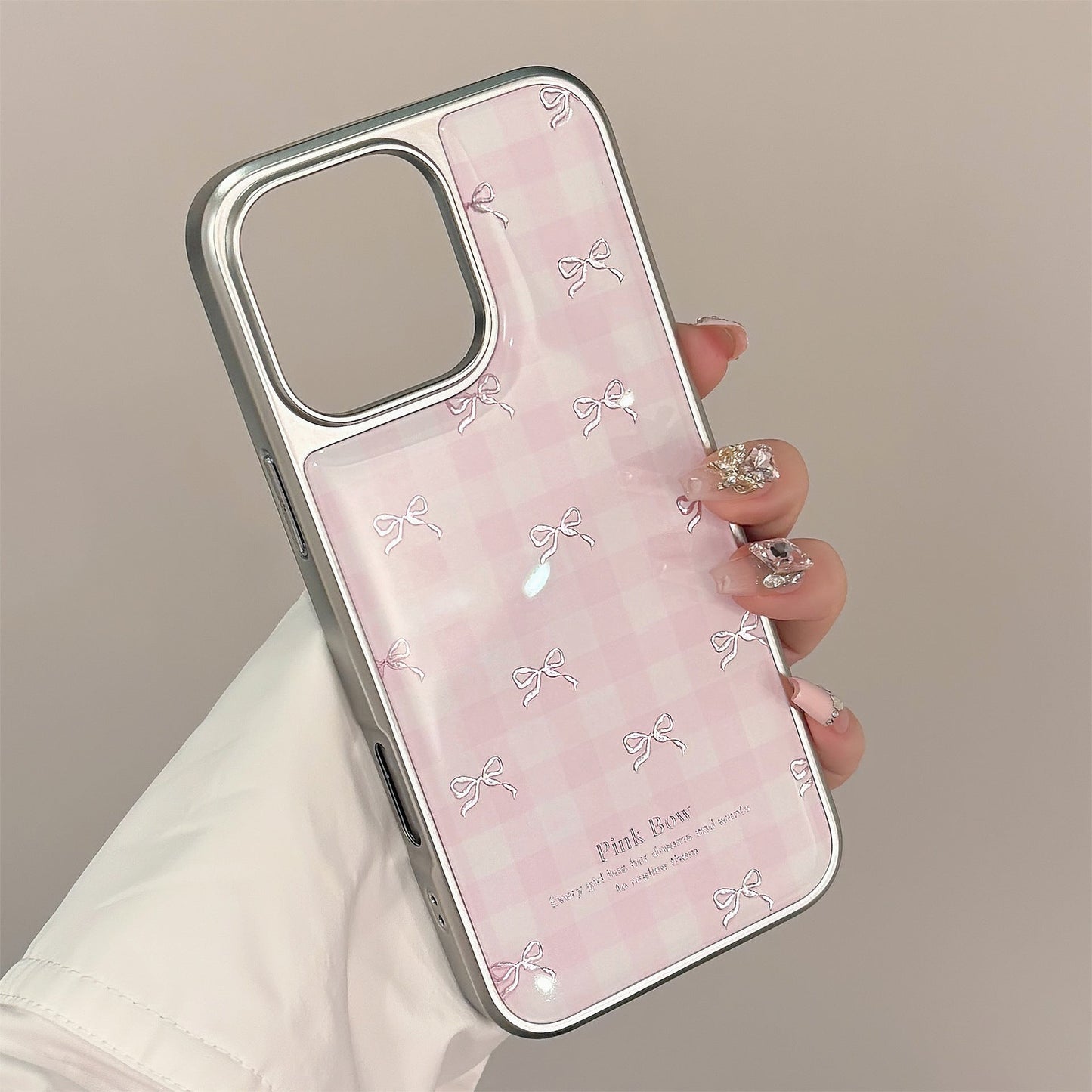 Gilt applies to Apple 17promax mobile phone case iphone16 pink plaid bow 13 electroplating 14 hard Huawei