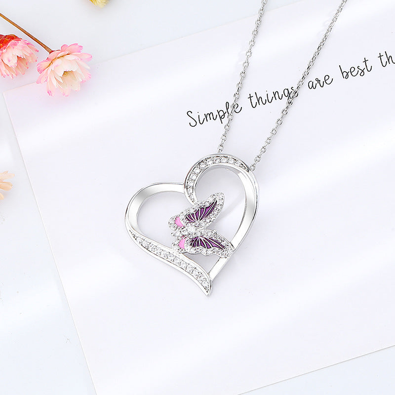 Fashion Ladies Heart Butterfly Diamond Pendant Necklace