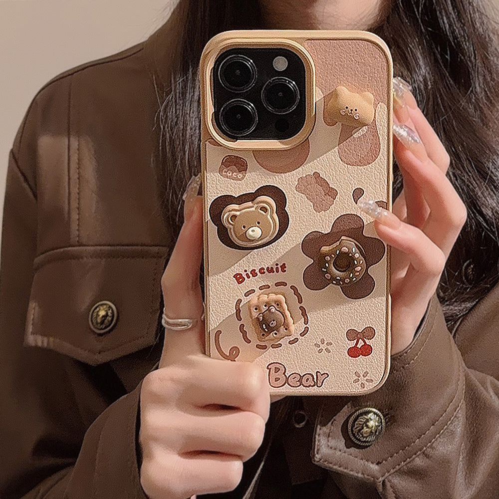 Three-dimensional biscuit bear apple 16 mobile phone case 17promax leather 13 for iPhone15 cute lanyard 12 hard