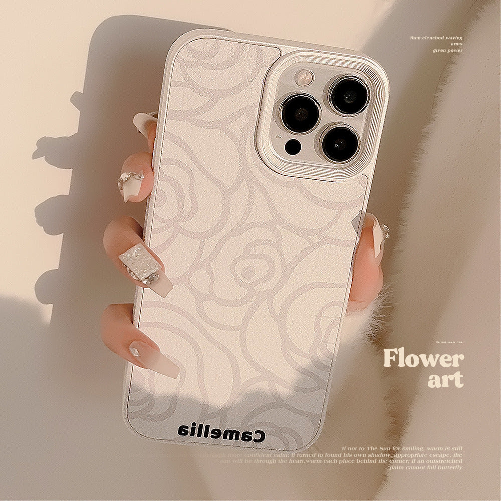 Simple camellia Apple 16 mobile phone case 17promax leather 11 for iPhone13 advanced sense 15 literature and art