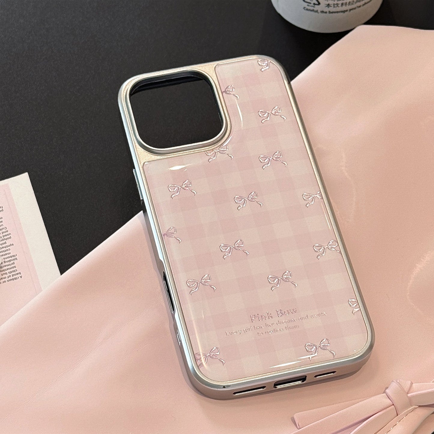 Gilt applies to Apple 17promax mobile phone case iphone16 pink plaid bow 13 electroplating 14 hard Huawei