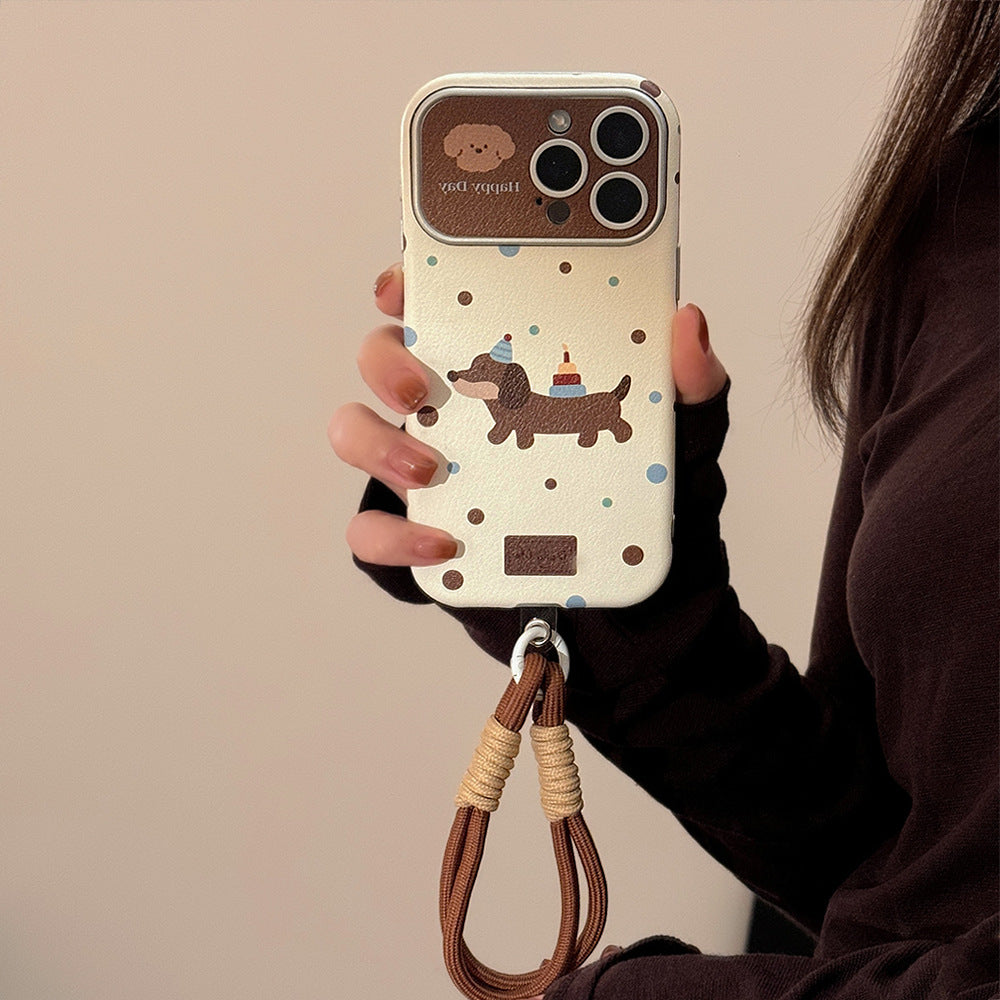 ins dachshund leather for iphone16pro max mobile phone case 15 apple 17 retro hand strap 14 soft cover