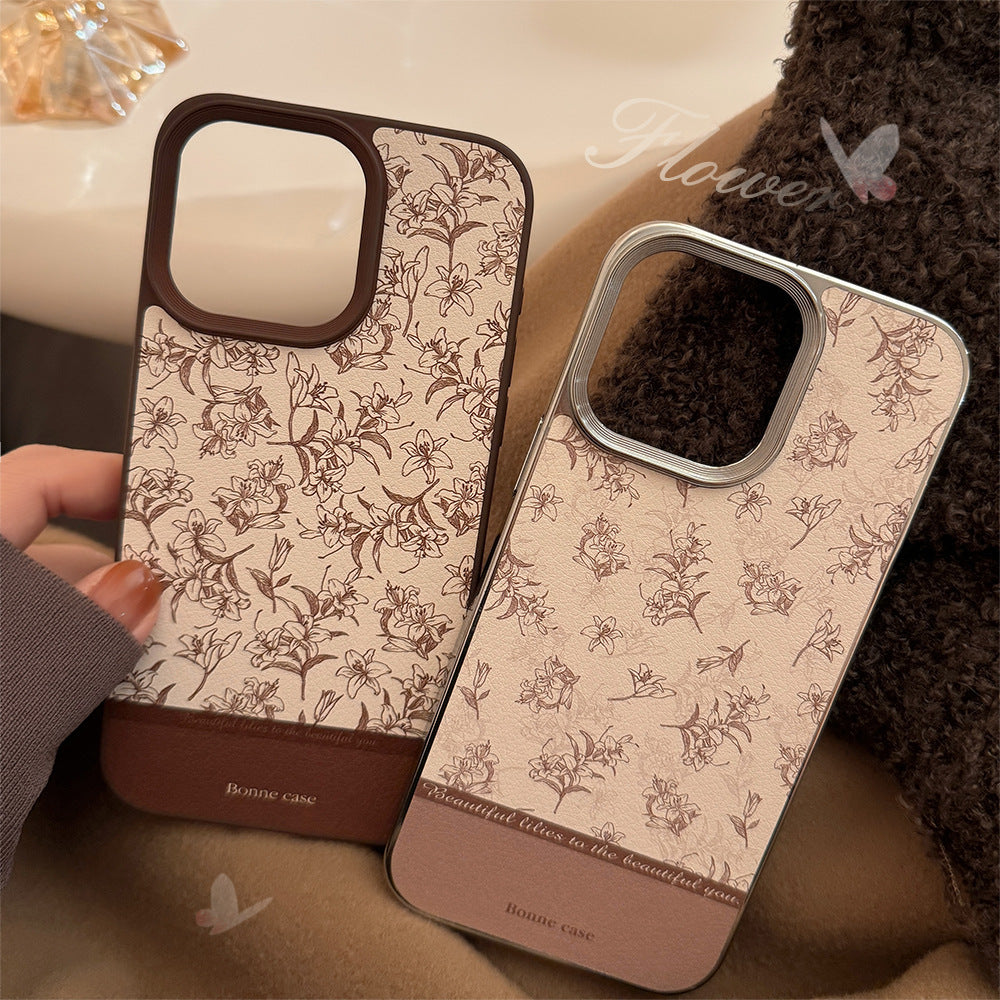 Ins Sketch Flower iPhone 16 Case 17Pro Max Leather 15 For iPhone13 Retro 11 Hard Case