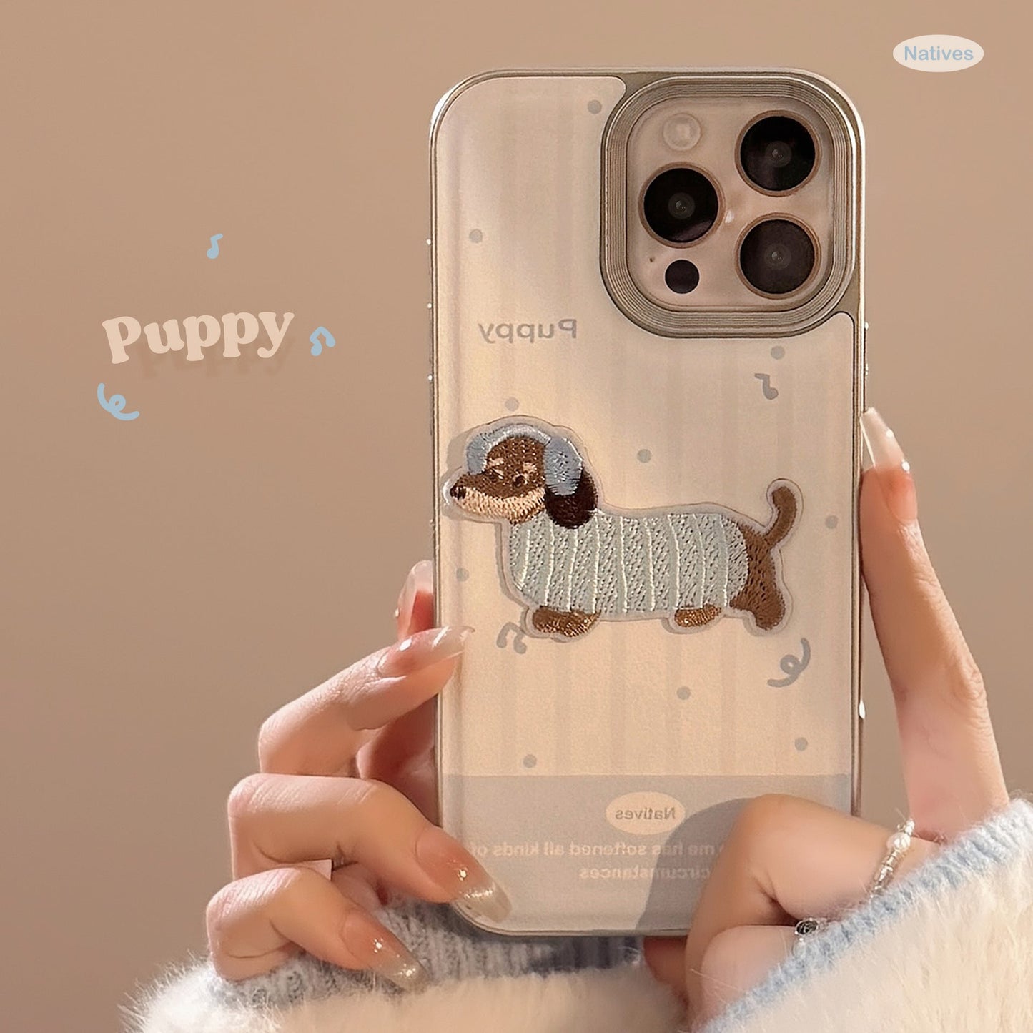 Milk blue cute embroidered puppy apple 16 mobile phone case 17promax cortical three-dimensional application iPhone15 soft 14