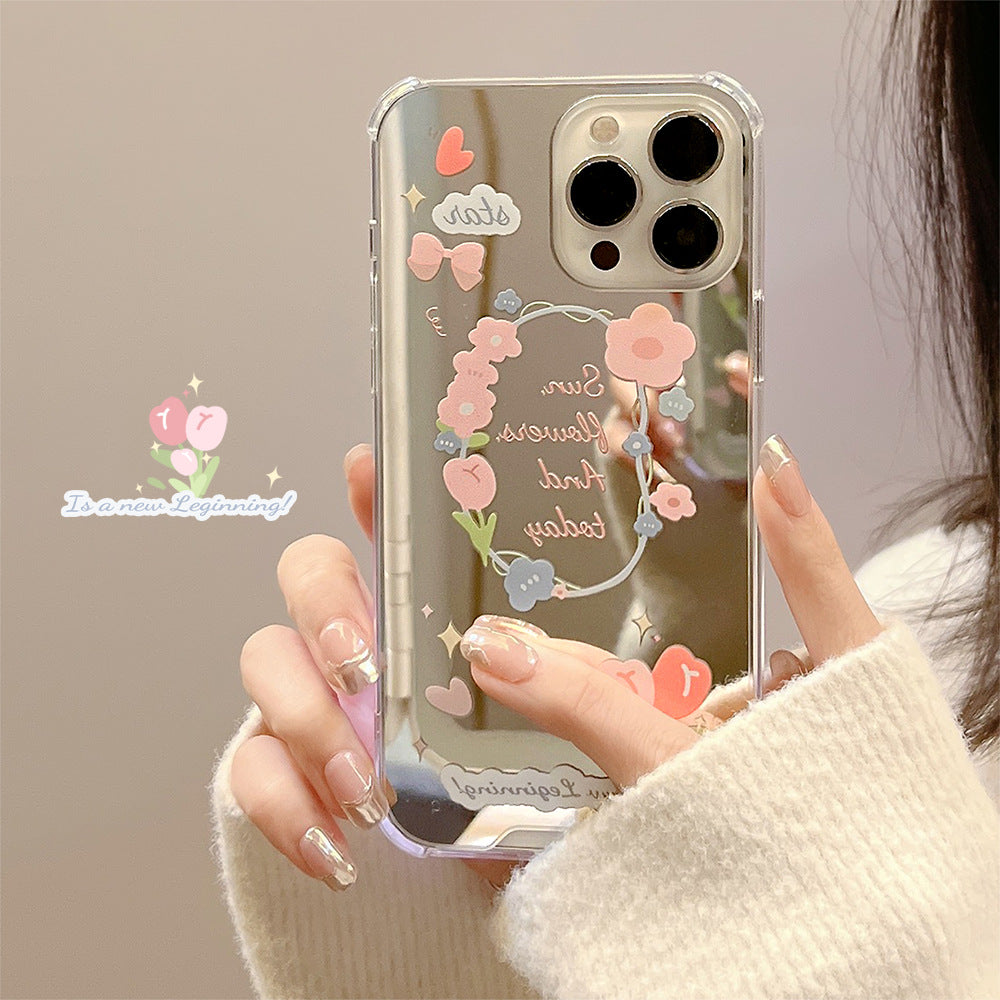 Fresh small floral iphone17 Apple 16Promax mobile phone case 15 silicone 11/12 makeup mirror X