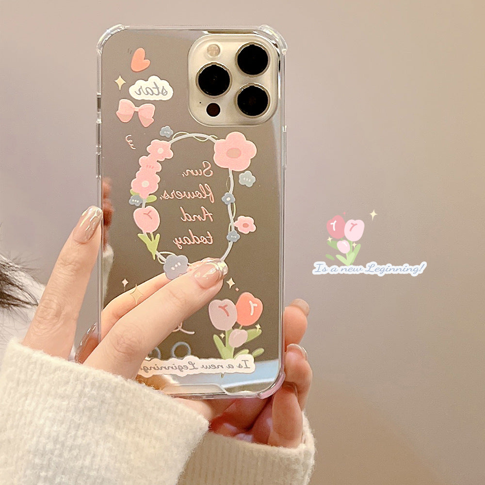 Fresh small floral iphone17 Apple 16Promax mobile phone case 15 silicone 11/12 makeup mirror X