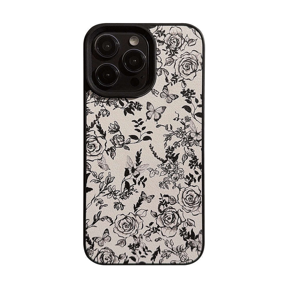 Temperament ins rose flower apple 15 mobile phone case 17pro max leather 11 for iPhone16 literature and art 12