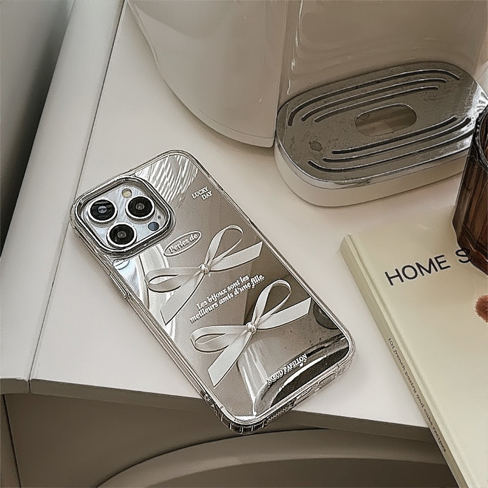 Mirror surface is suitable for Apple 16Pro mobile phone case max three-dimensional pearl bow iphone15 temperament 13 anti-drop 17
