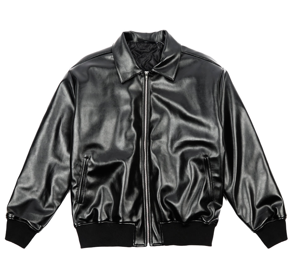 PU Leather Collared Varsity Jacket