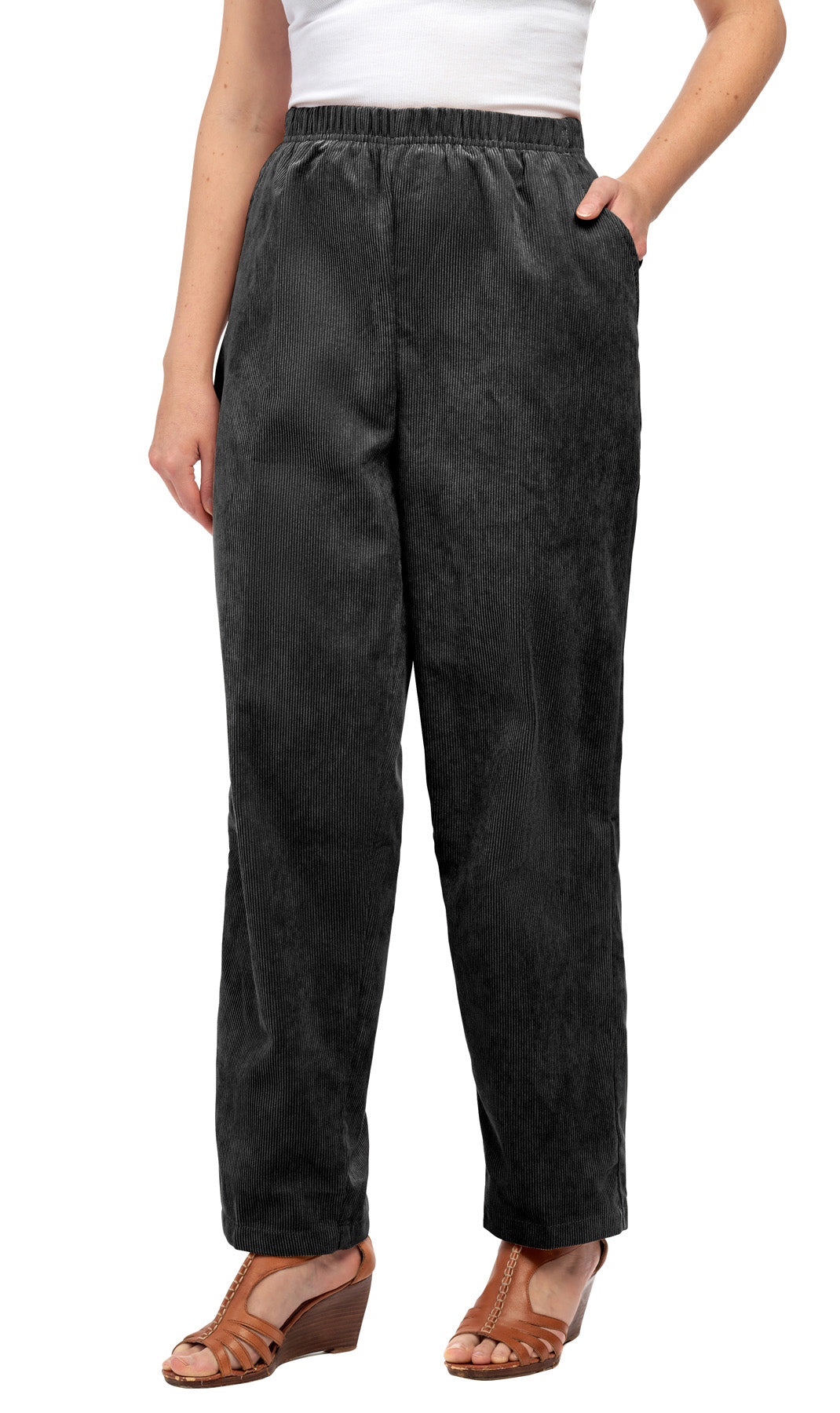 Womens Pull On Fine Wale Corduroy Pants with soft-covered elastic waist