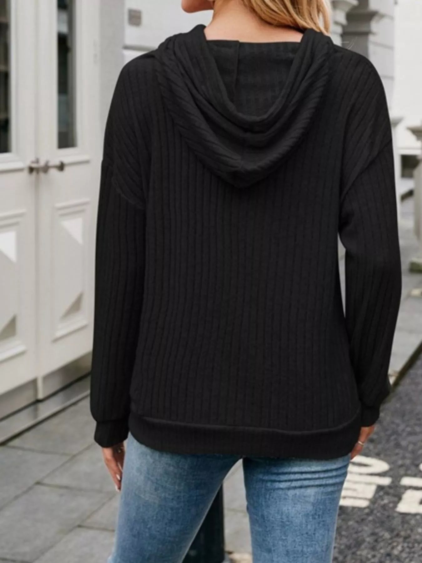 Casual Drawstring Ribbed Knit Hoodie
