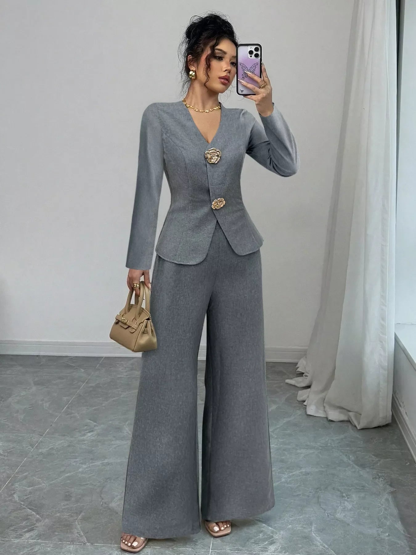 Decor Buckle Blazer & Wide Leg Pants Set
