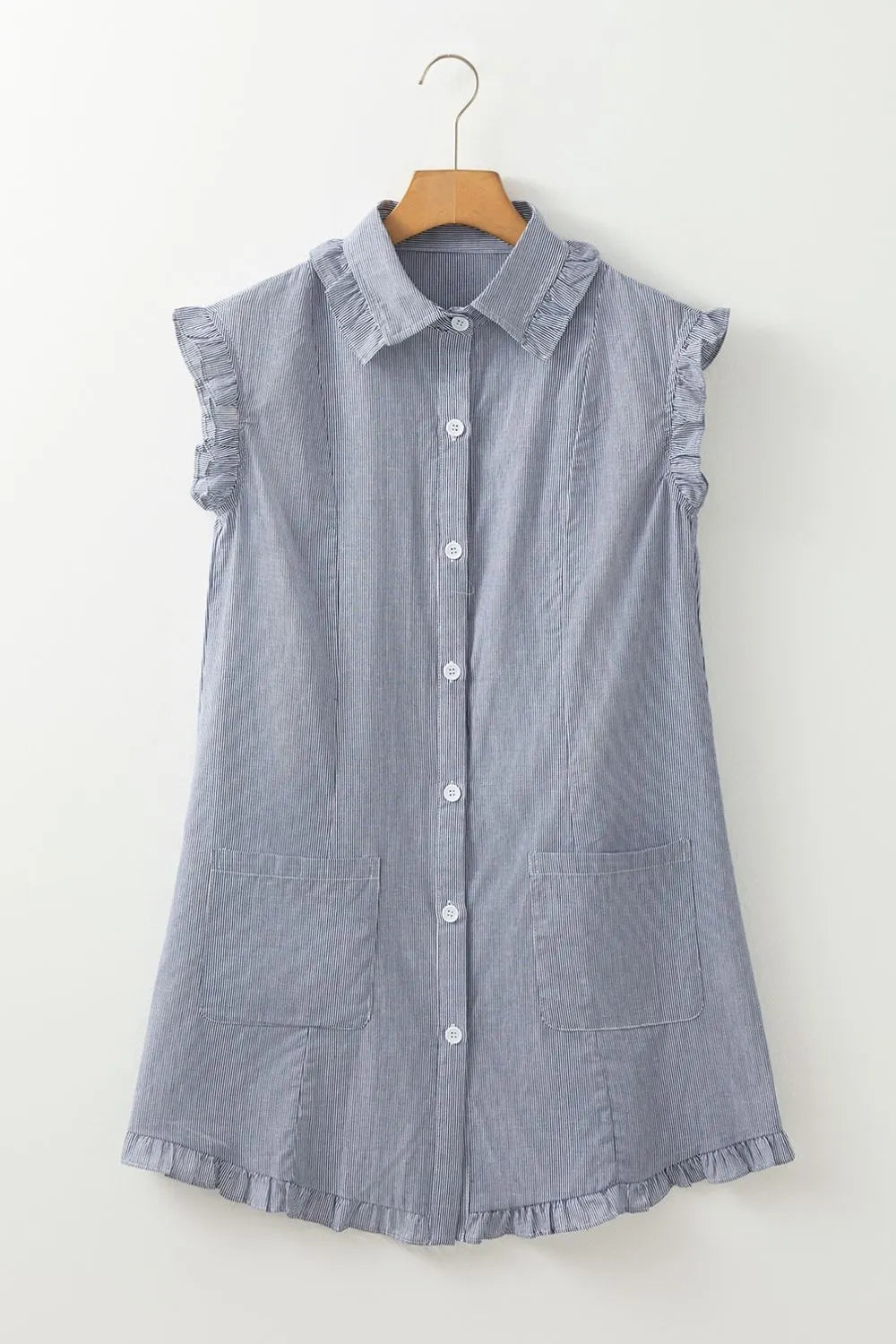 Stripe Frilled Ruffled Cap Sleeve Button Up Mini Dress