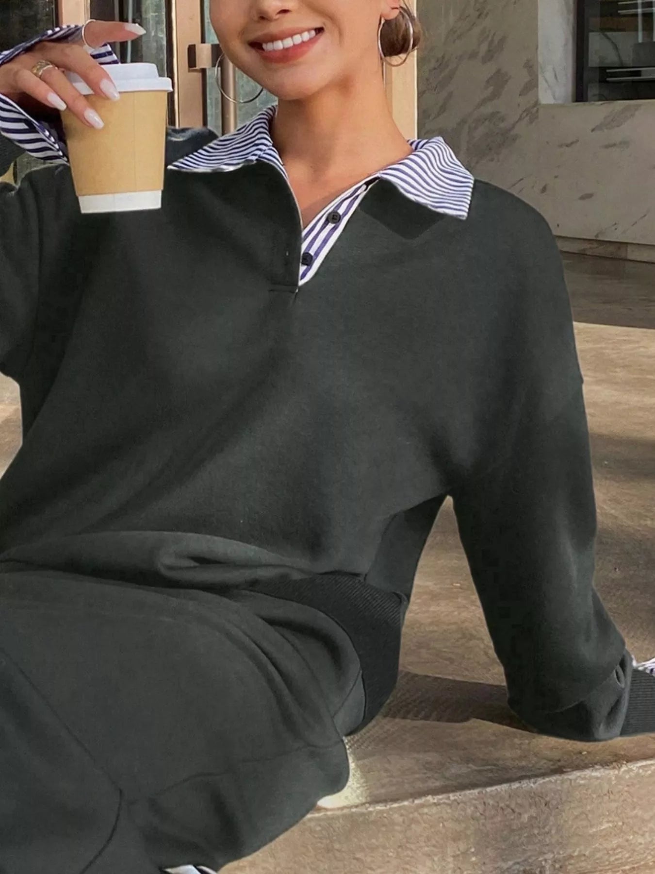 Striped Collar Sweatshirt and Slit Skirt Set