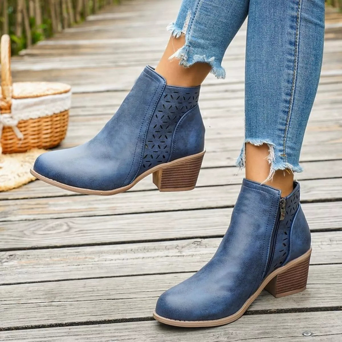 Block Heel Ankle Boots with Cutout Detail