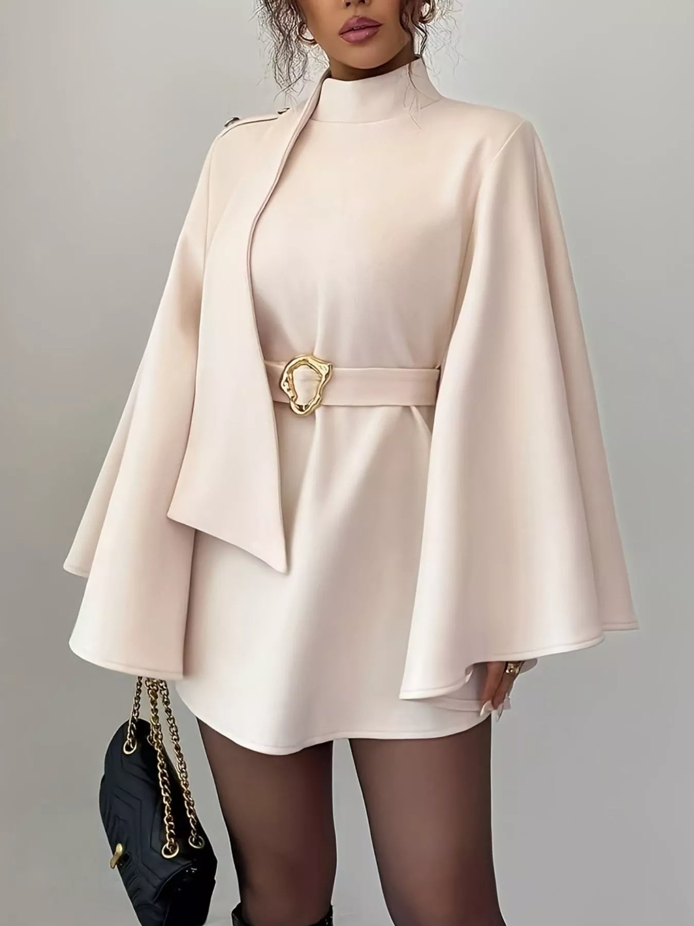 Mock Neck Batwing Sleeve Cape Outerwear