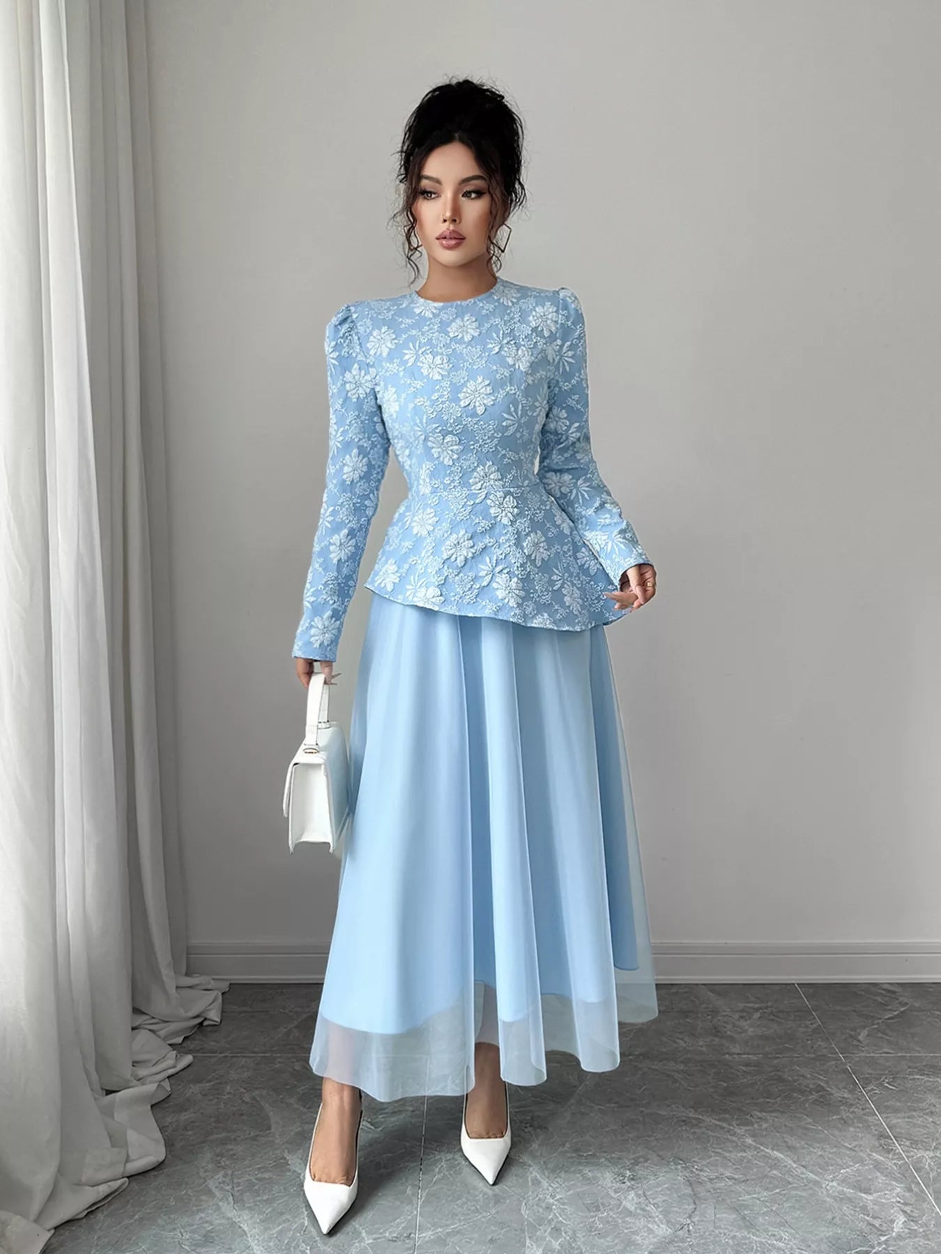 Floral Long Sleeve Tulle Dress