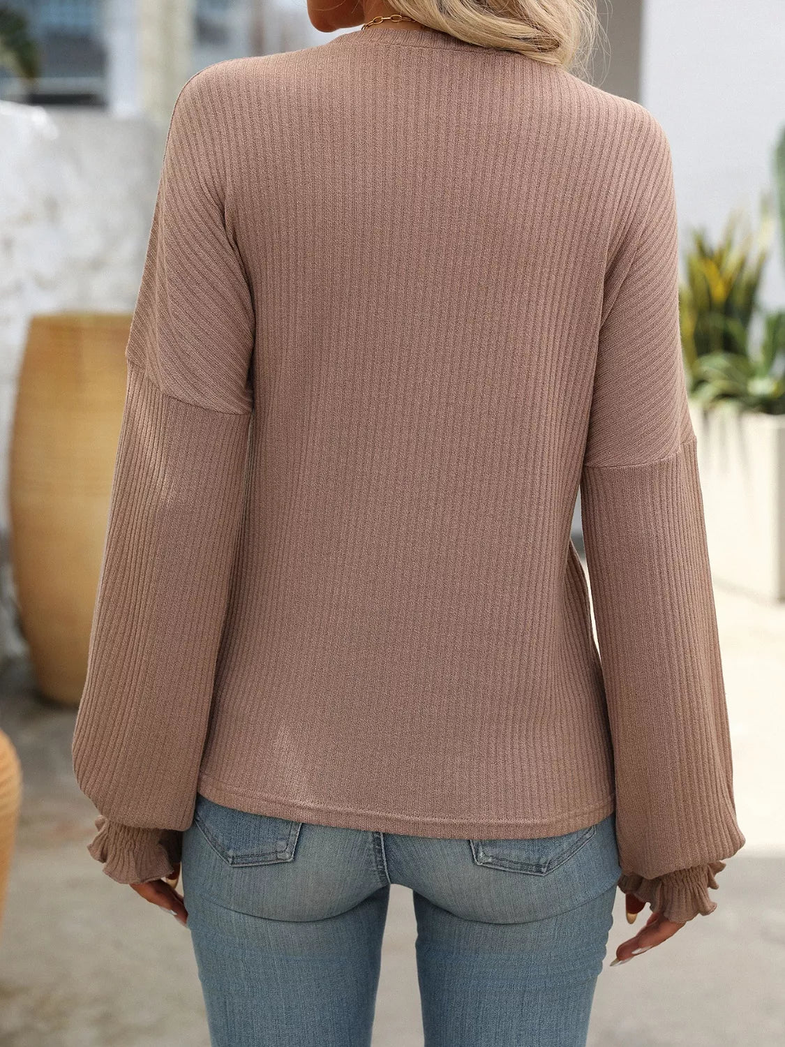 Ribbed Knit Ruffle Cuff T-Shirt