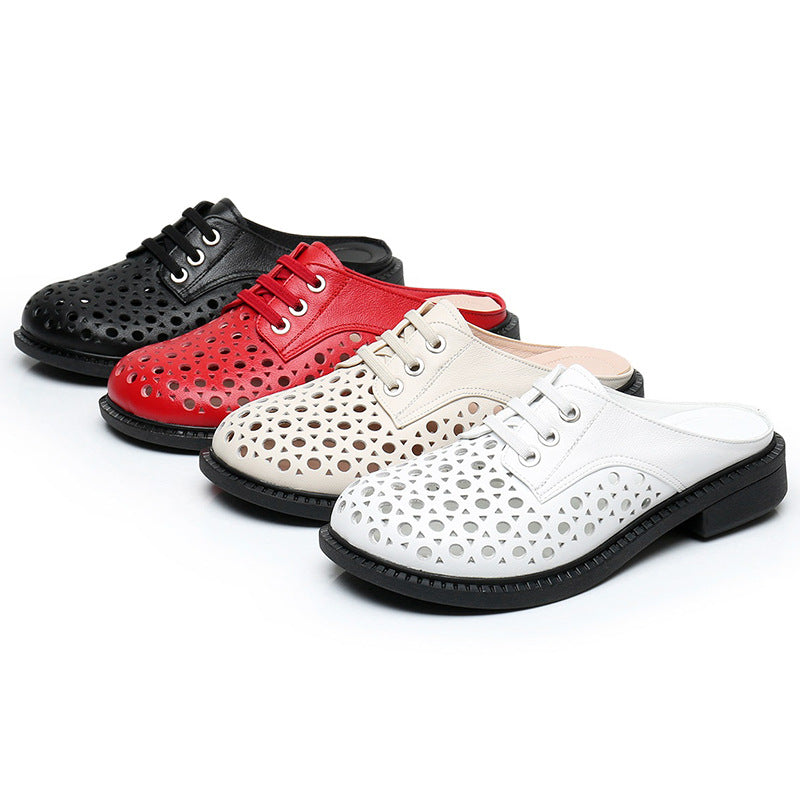 Cave shoes real leather flat heel thick sole hollowed out sandals women's slippers round toe