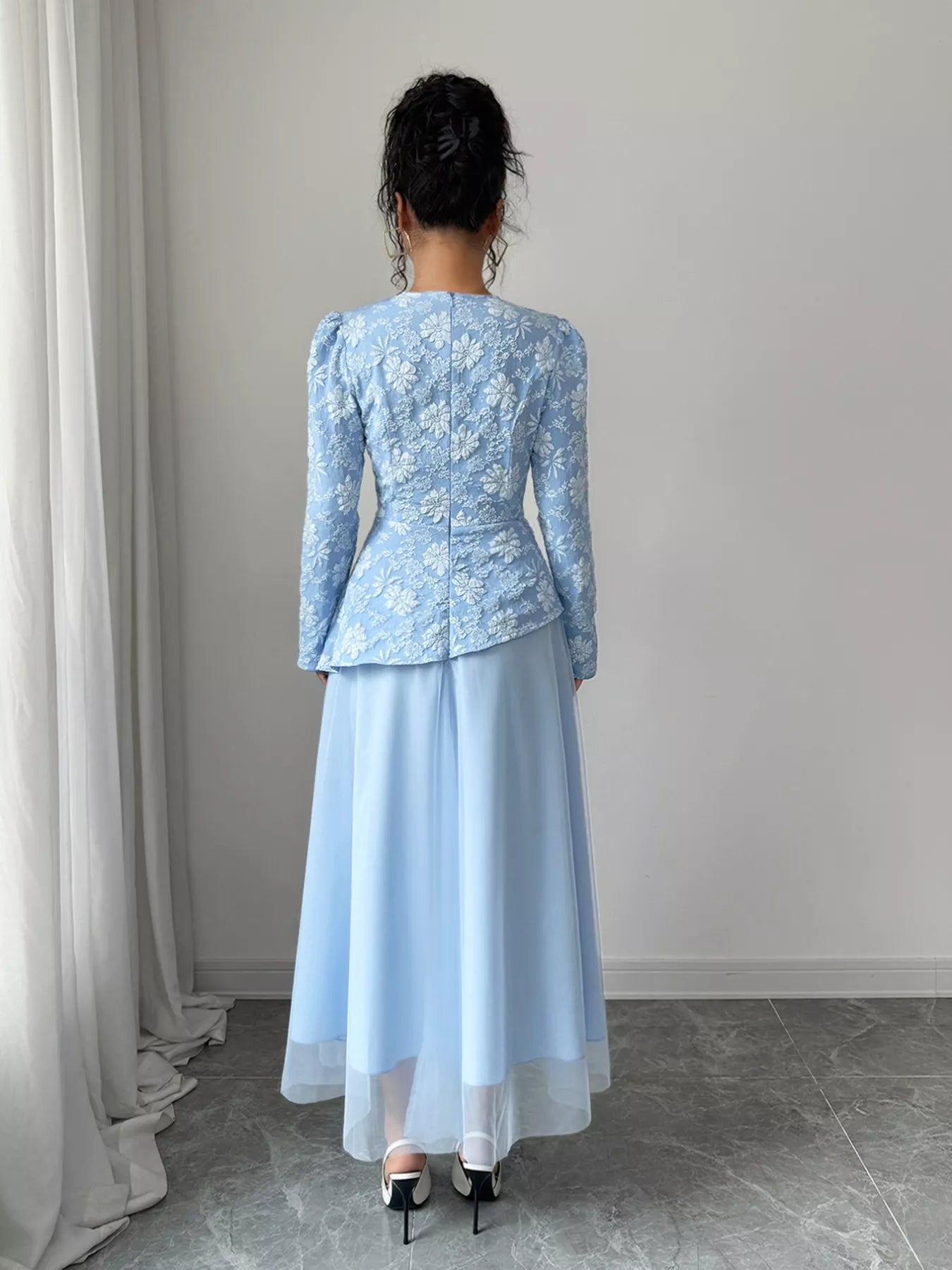 Floral Long Sleeve Tulle Dress