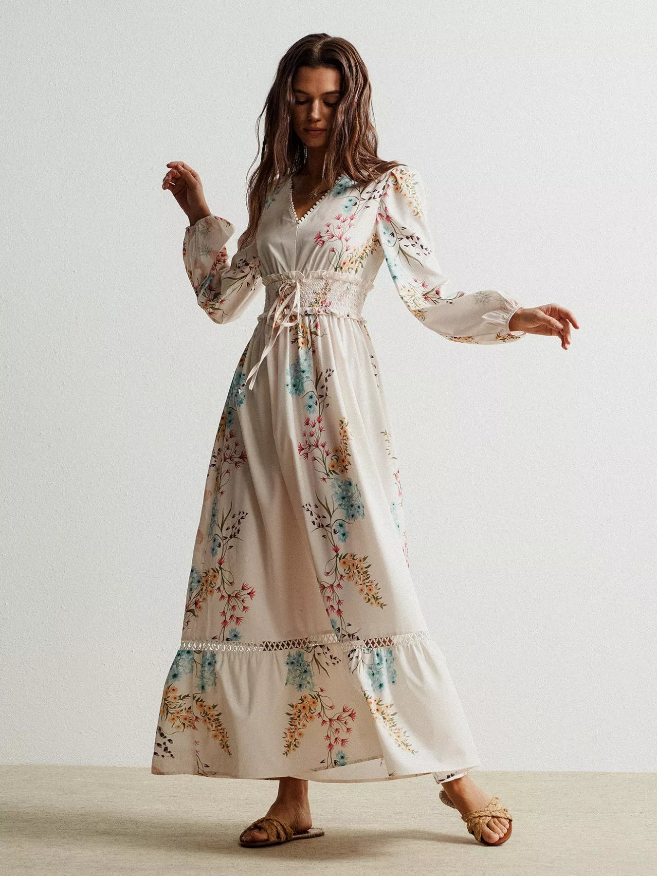 Floral Print Long Sleeve Maxi Dress with Smocked Waist