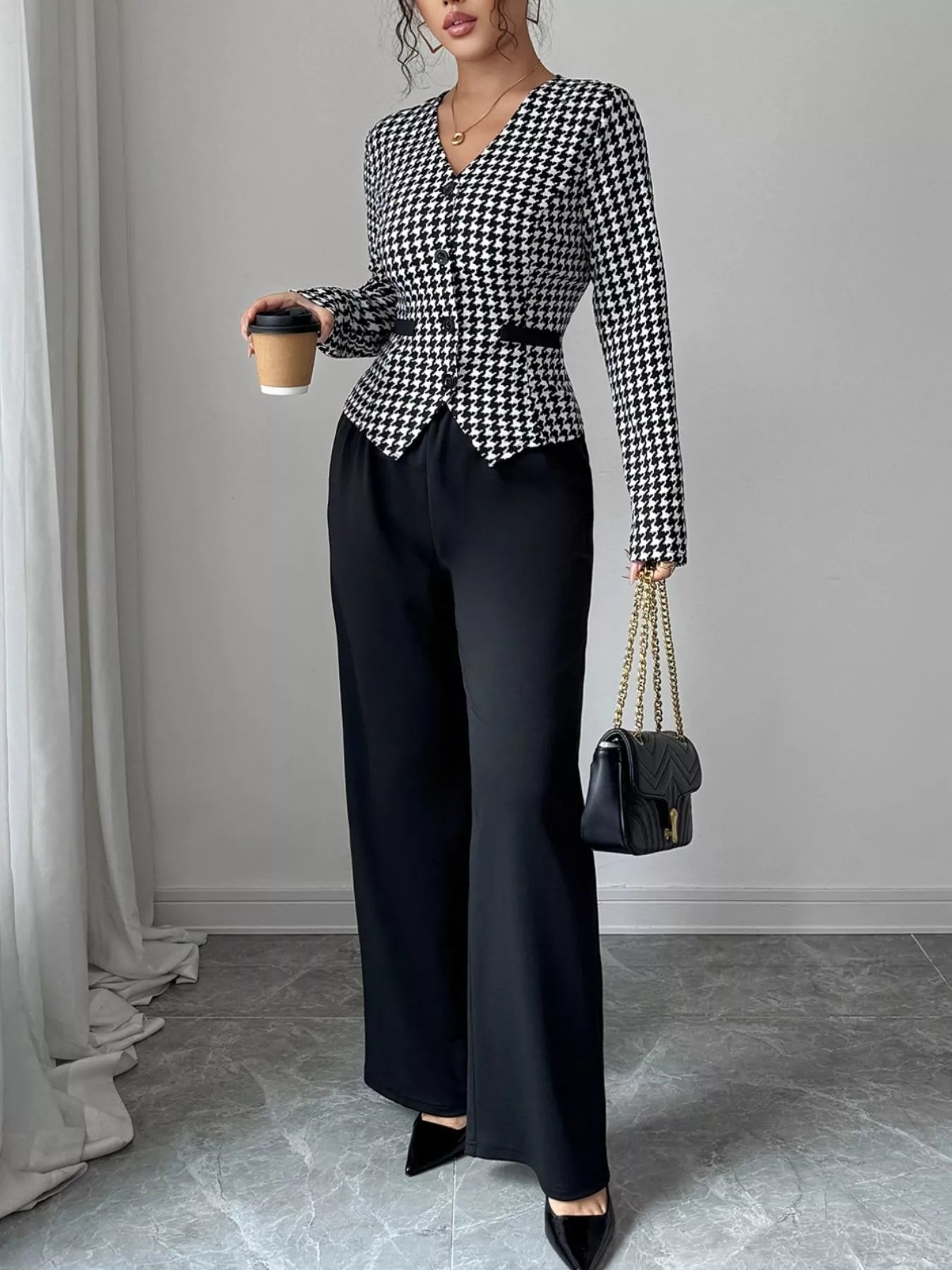 Houndstooth Blazer & Wide Leg Pants Set