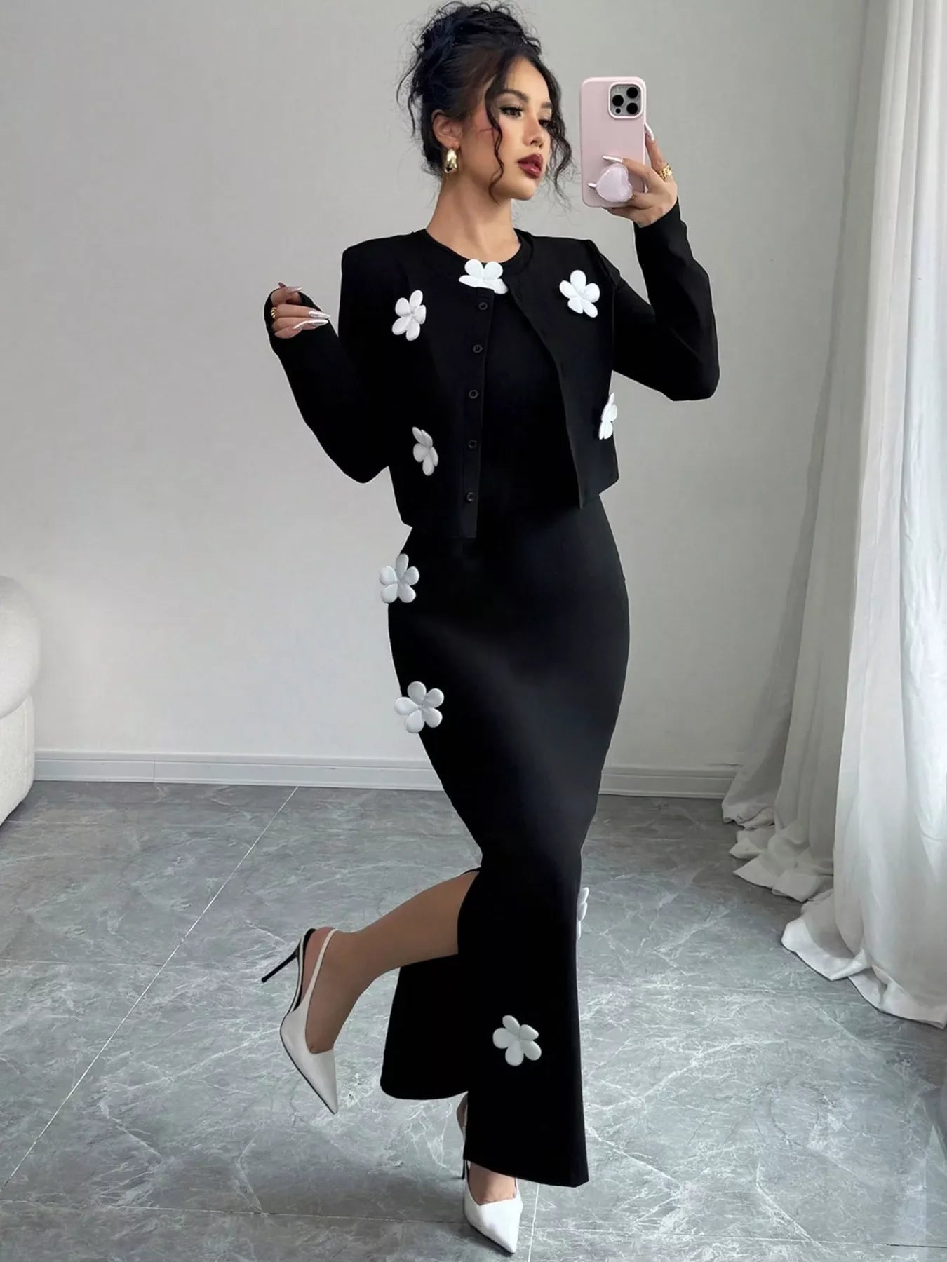 Floral Applique Cardigan & Bodycon Dress Set