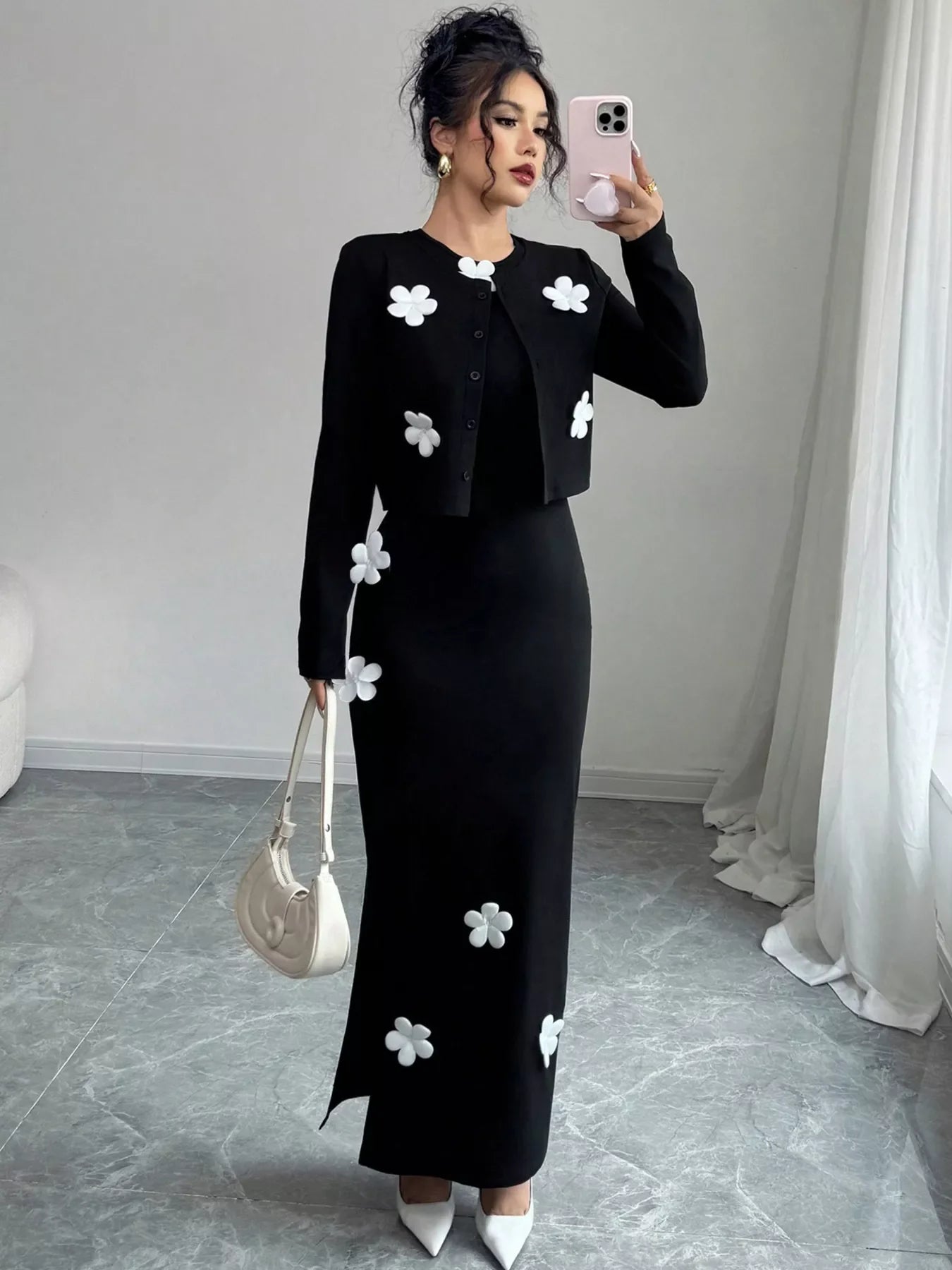 Floral Applique Cardigan & Bodycon Dress Set