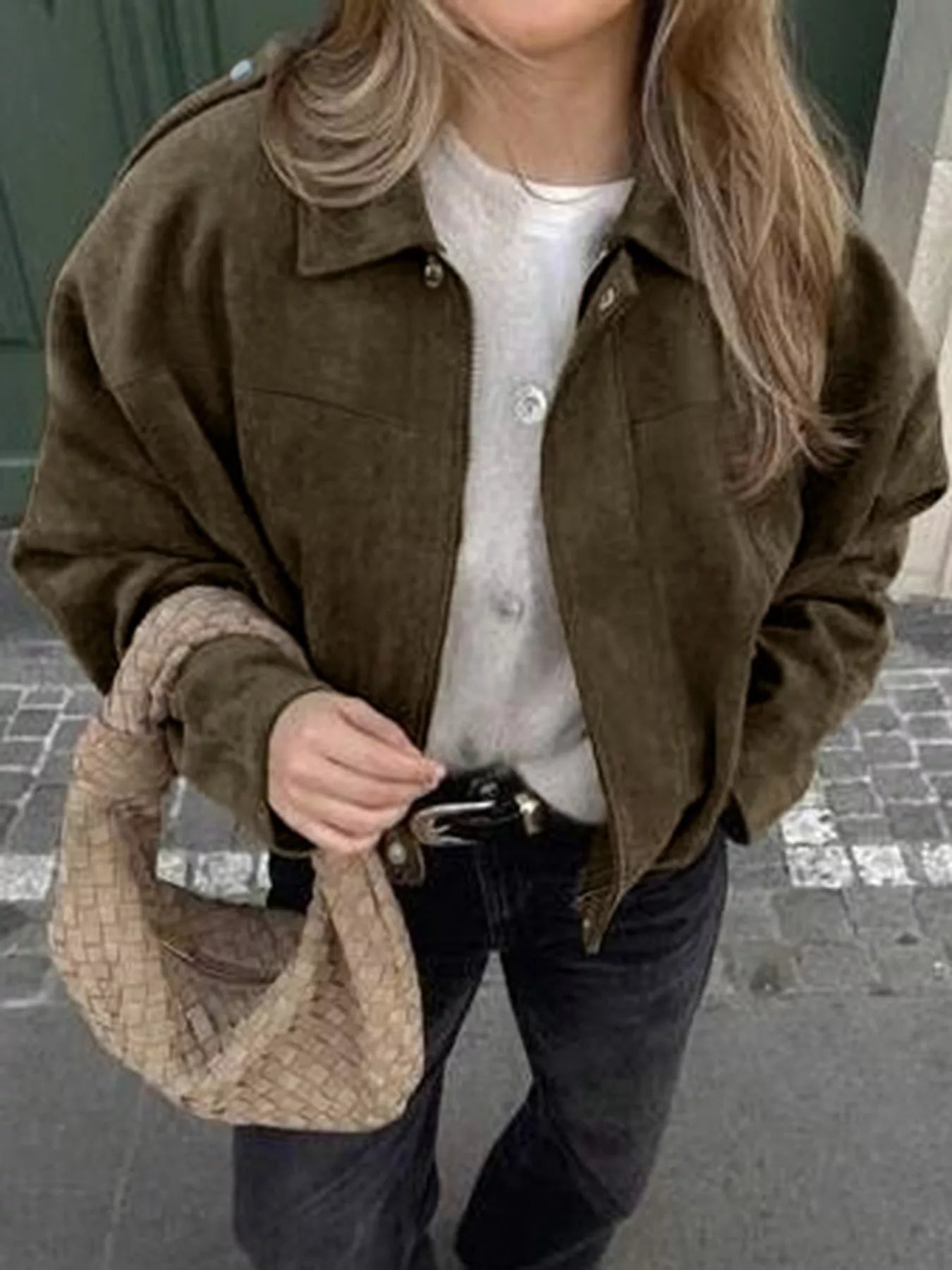 Plus Size Suede Cropped Bomber Jacket