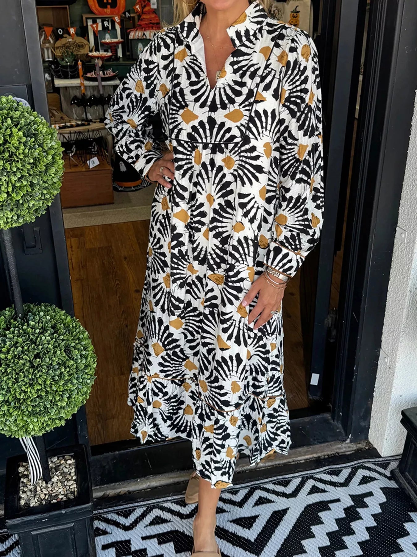 Abstract Floral Print Split Notched Dress