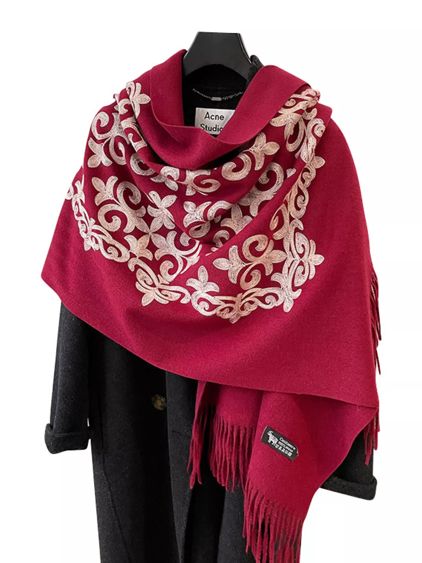 Embroidered Fringe Scarf