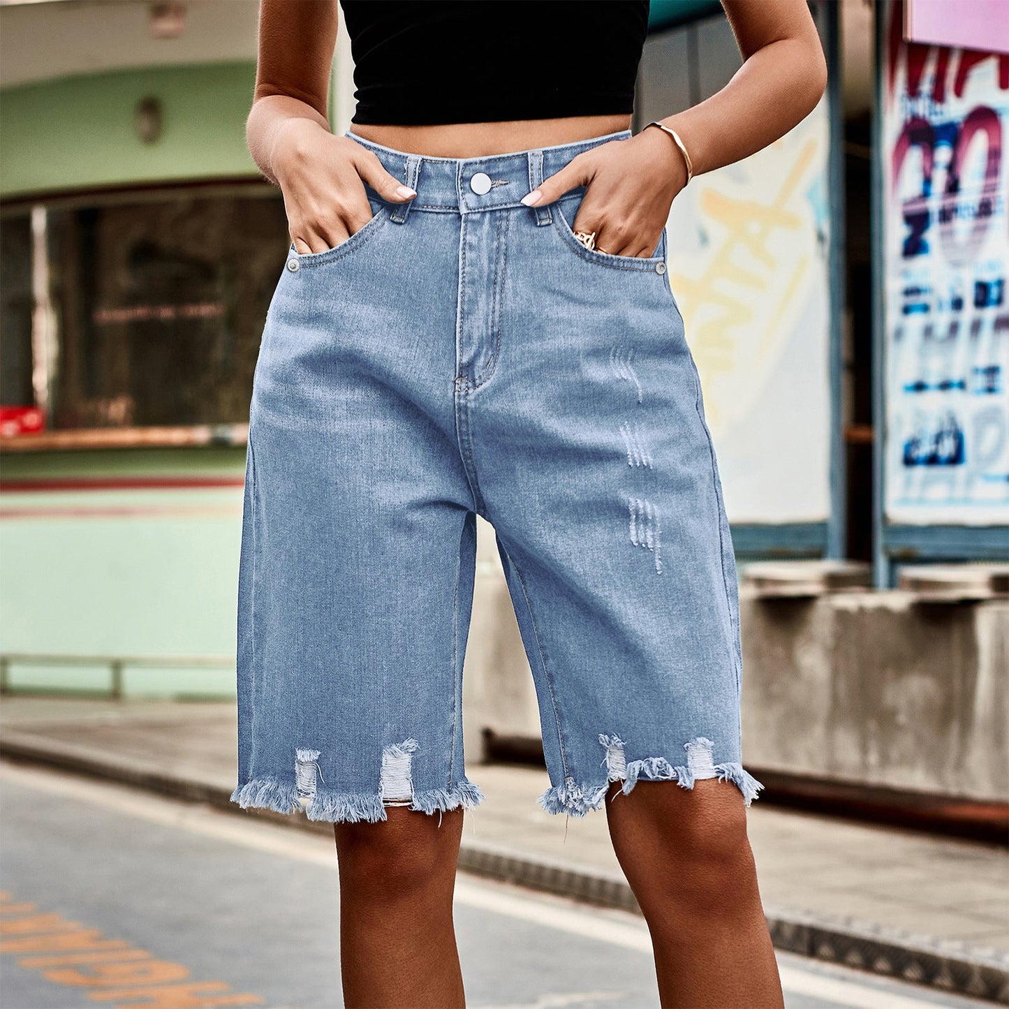 European and American denim ripped cropped pants, fashionable fringed fringe jeans for women