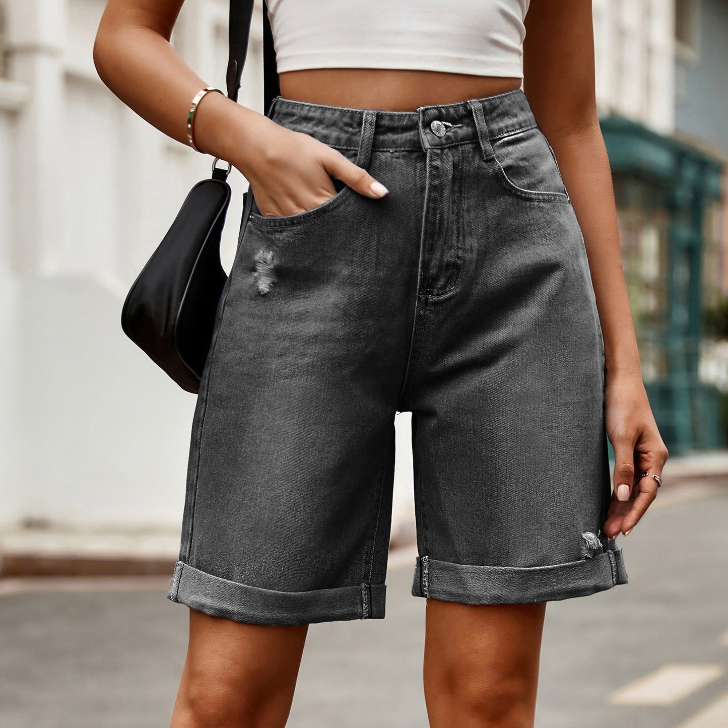 European and American women's perforated rolled edge five quarter denim shorts casual pants