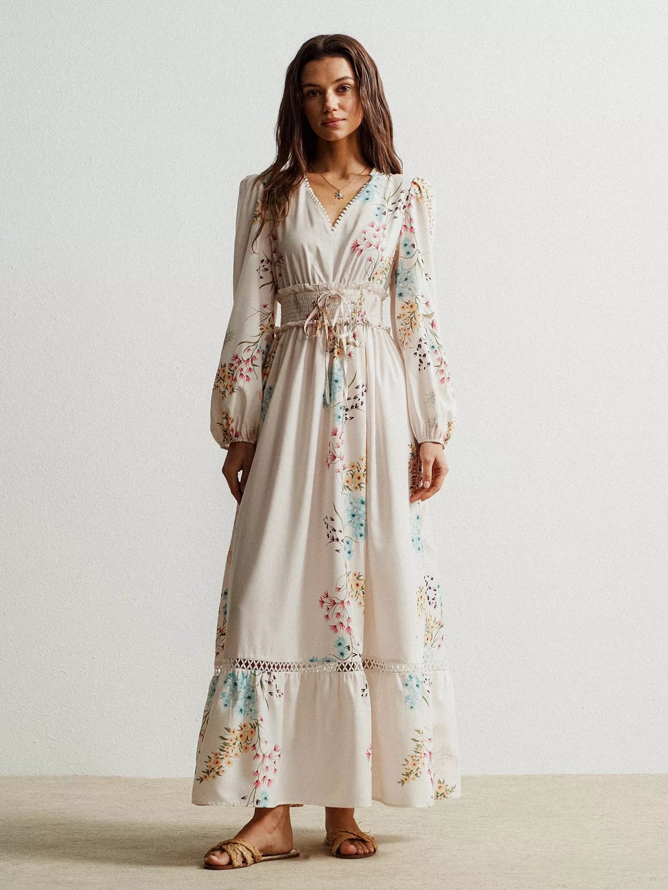 Floral Print Long Sleeve Maxi Dress with Smocked Waist