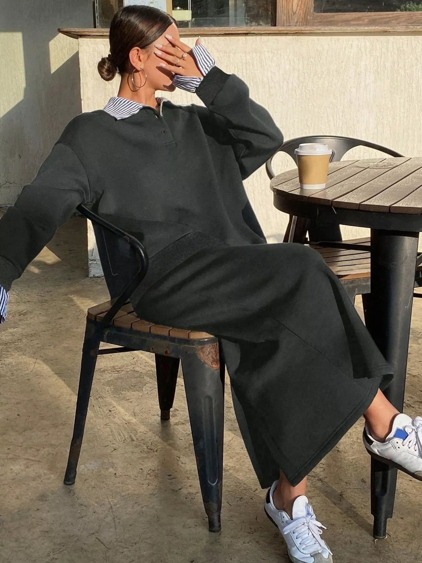 Striped Collar Sweatshirt and Slit Skirt Set