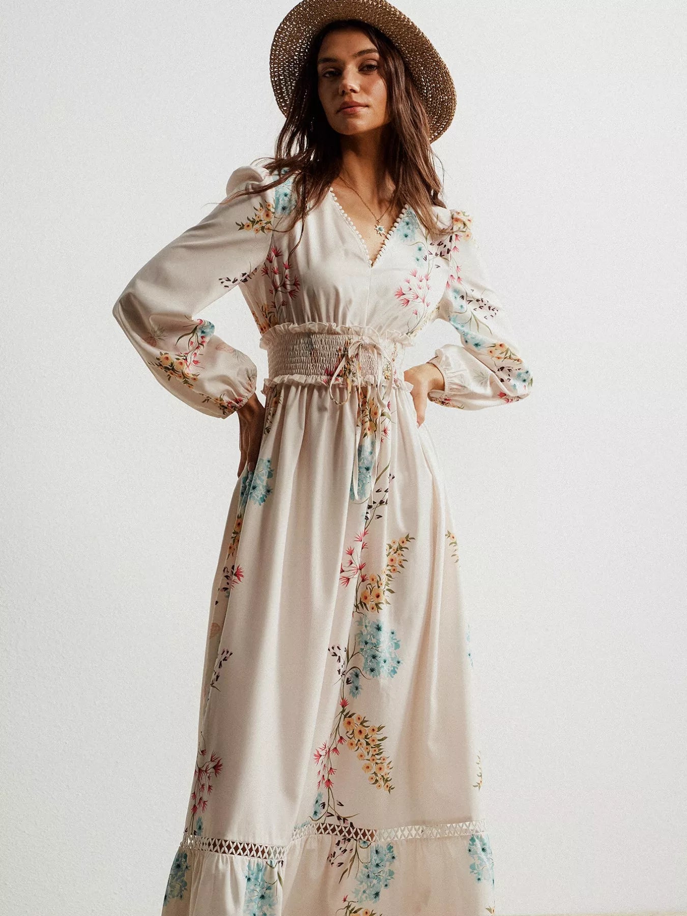 Floral Print Long Sleeve Maxi Dress with Smocked Waist