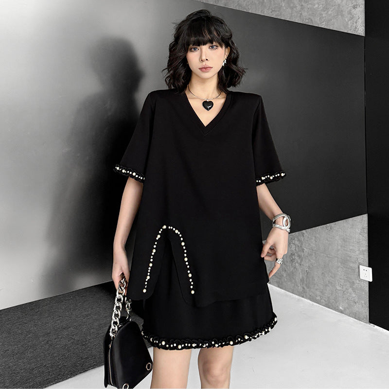 Fashion Set V-neck Solid Color Shoulder Pad T-shirt+Elastic Waist Short Skirt