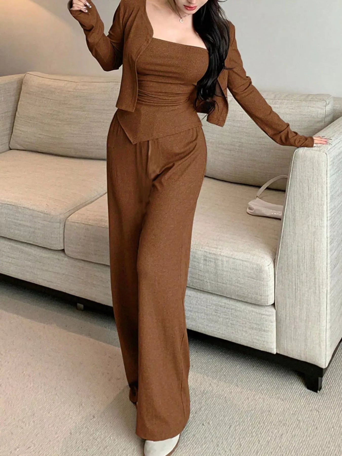 Tube Top & Cardigan and Wide-Leg Pants Set