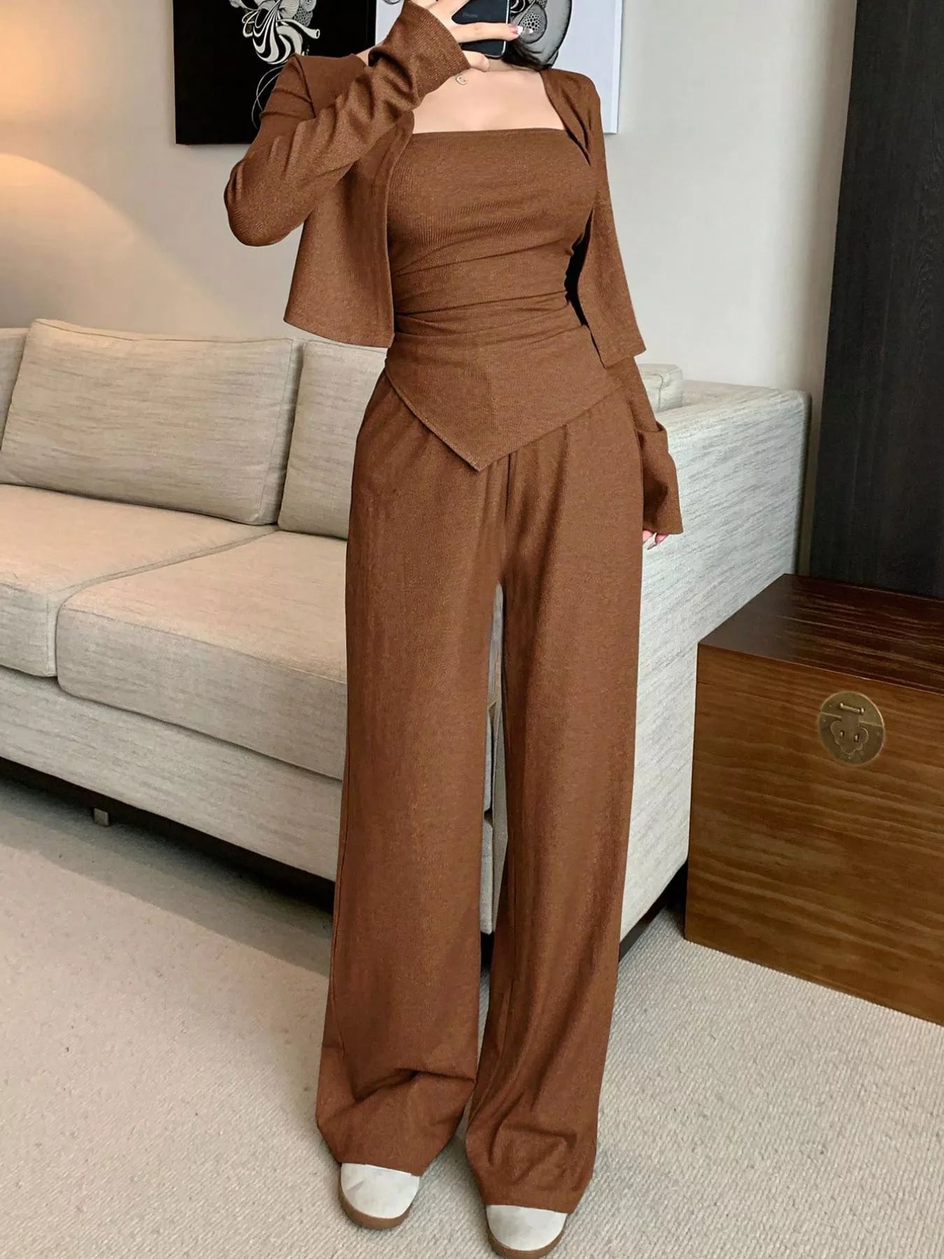 Tube Top & Cardigan and Wide-Leg Pants Set
