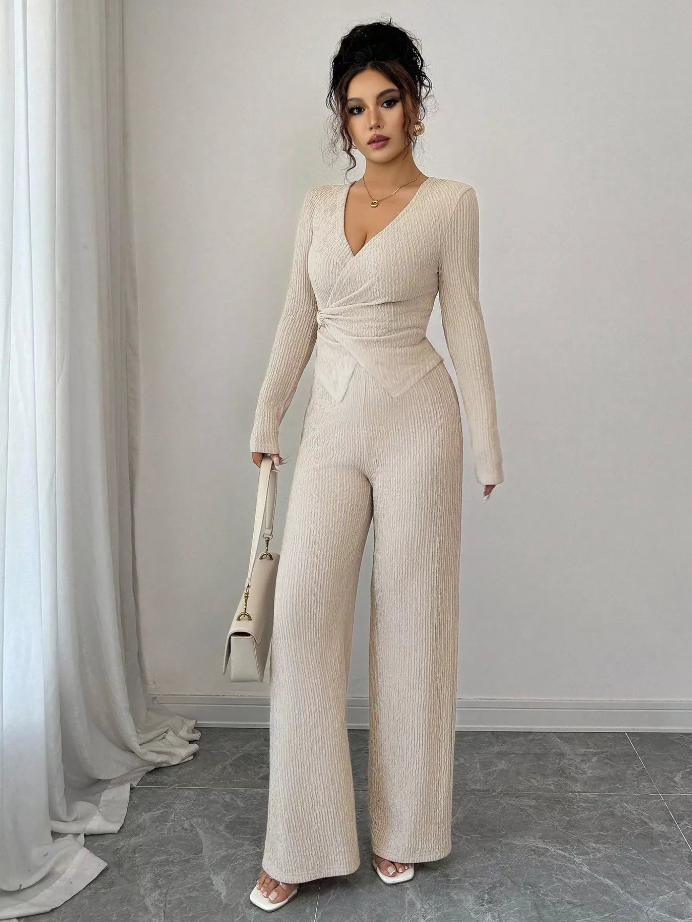 Metal Buckle Long Sleeve Top and Pants Set
