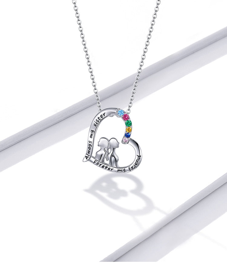 925 Sterling Silver Best Sisters Necklace Forever Friend Heart Necklace Chain Rainbow Zircon