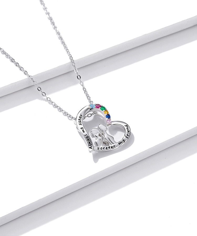 925 Sterling Silver Best Sisters Necklace Forever Friend Heart Necklace Chain Rainbow Zircon