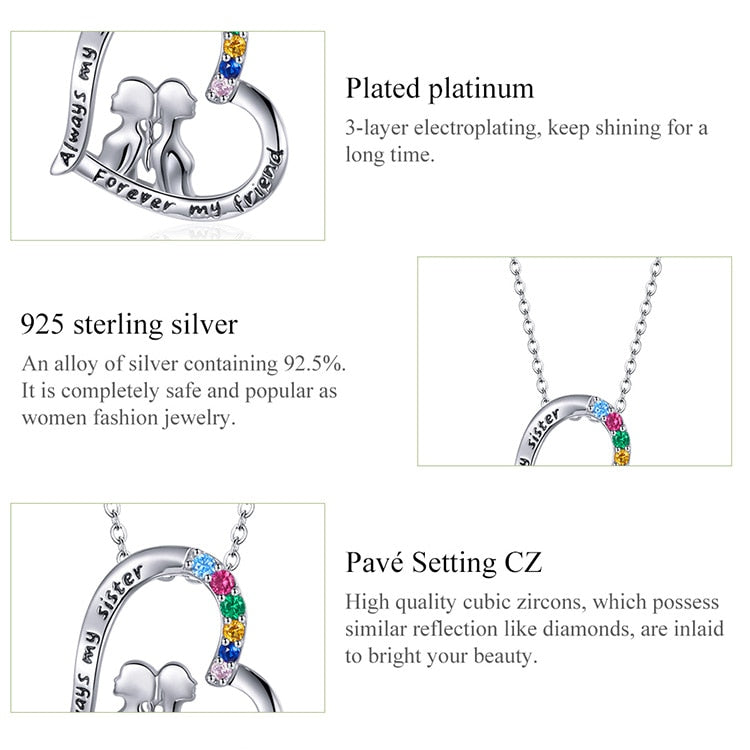 925 Sterling Silver Best Sisters Necklace Forever Friend Heart Necklace Chain Rainbow Zircon
