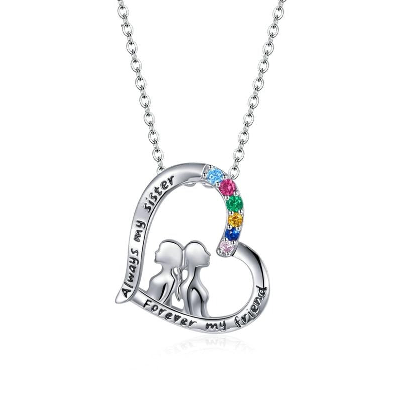 925 Sterling Silver Best Sisters Necklace Forever Friend Heart Necklace Chain Rainbow Zircon