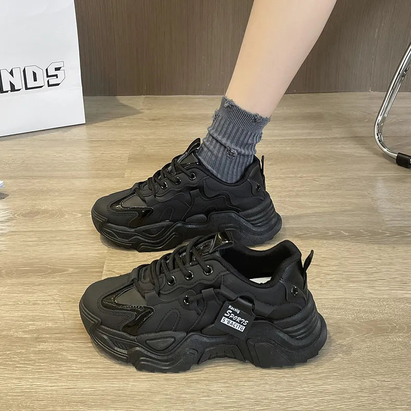 Thick soled women's white single shoes Korean version color blocked lace up height for casual running