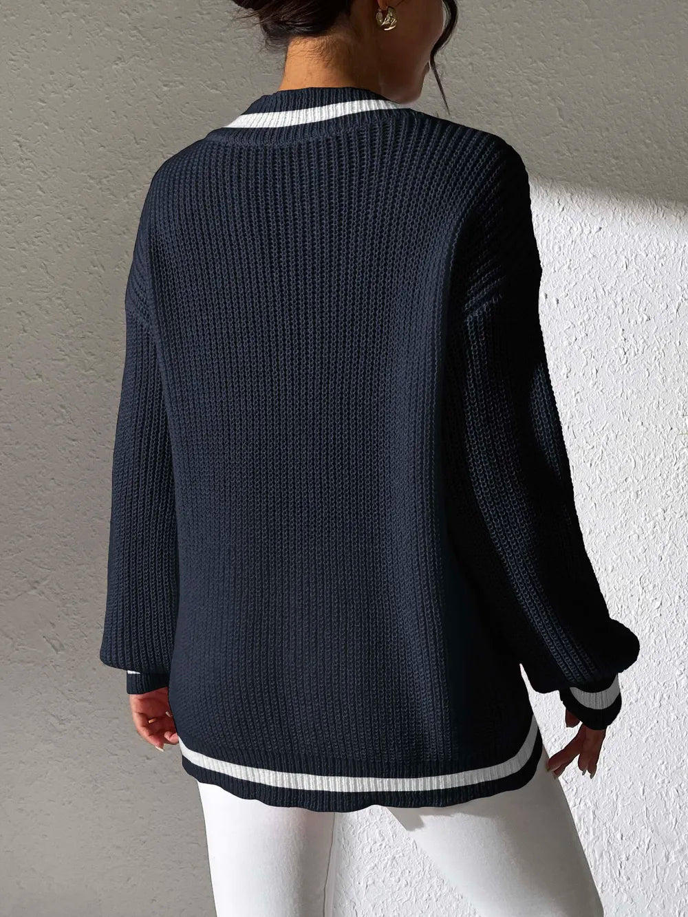 Women's Top Color Contrast Splicing V-neck Long Sleeve Sweater